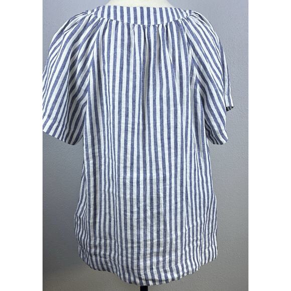 J Crew Sz M V Neck Flutter Sleeve Blue Striped 100% Linen Top - Picture 4 of 9